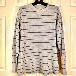 LL BEAN THERMAL TOP HEATHER GRAY w BLUE STRIPE L
